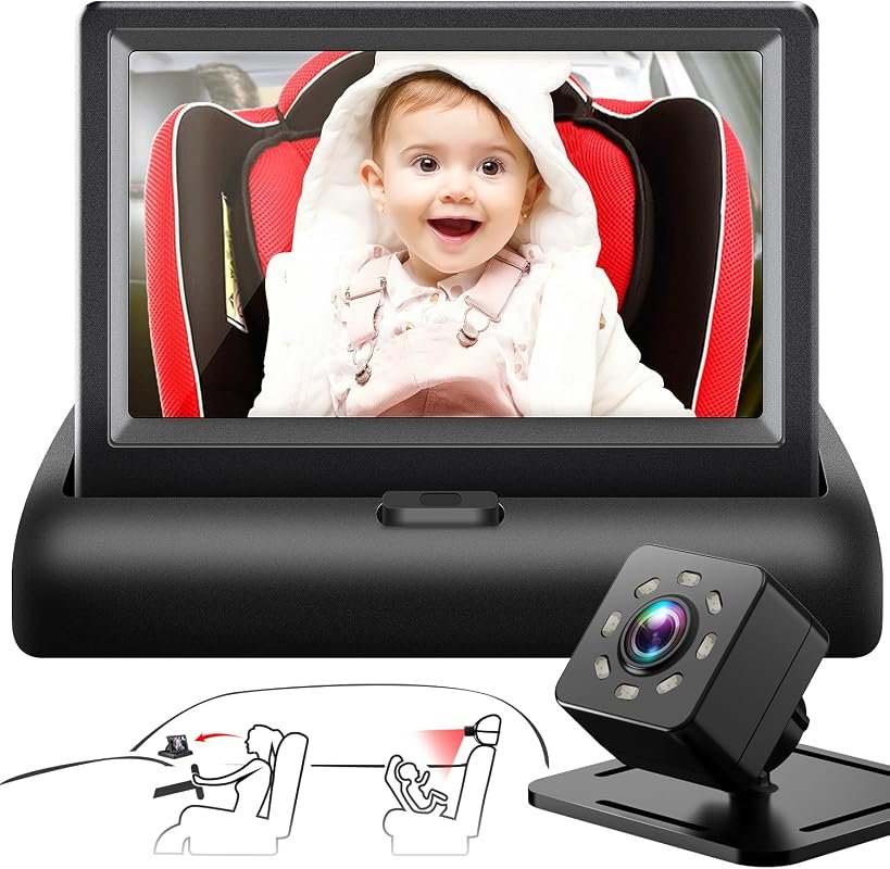 Baby car mirror with 4.3‑inch HD night‑vision display provides wide cr