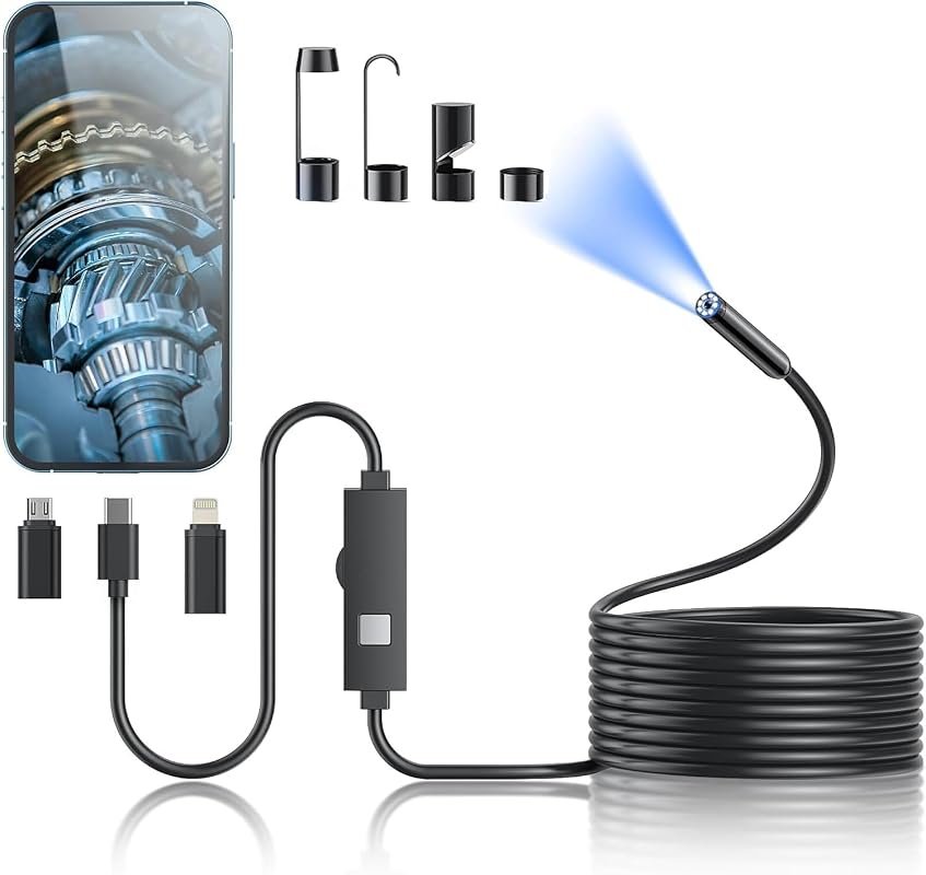 Kinpthy 1920P Borescope with 8 Adjustable LEDs, 16.4‑ft Semi‑Rigid Sna
