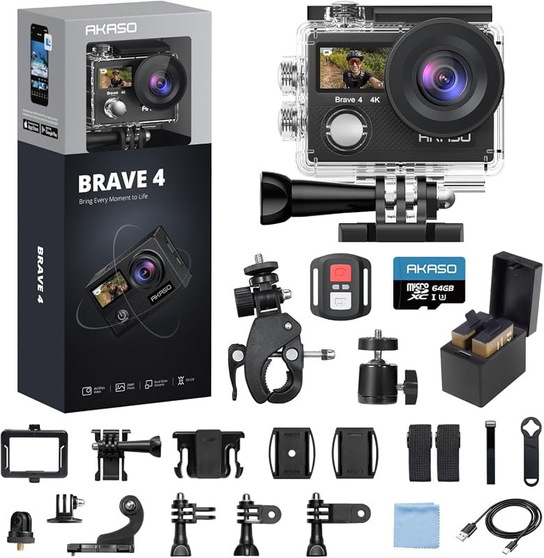 AKASO Brave 4 Action Camera records 4K 30fps video, 20MP photos, Wi‑Fi