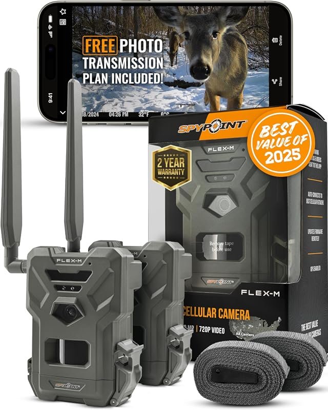 SPYPOINT Flex‑M Twin Pack Cellular Trail Cameras include GPS, LTE, nig