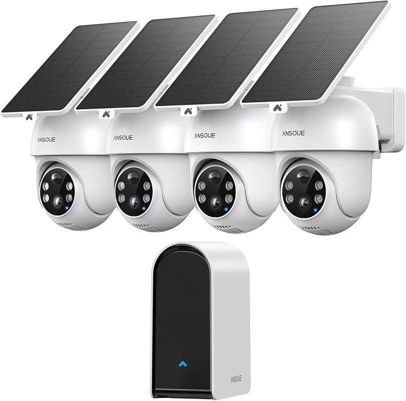 ANSQUE solar‑powered wireless outdoor security system with four HD cam