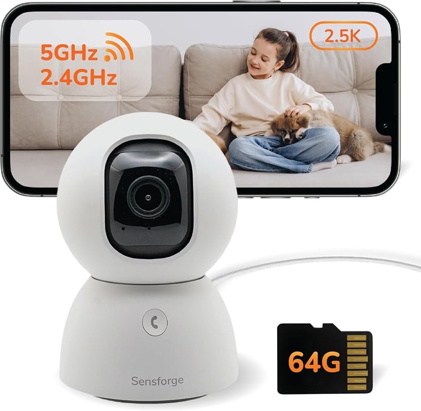 SensForge 2.5K Indoor Pan‑Tilt Camera AI Human & Pet Detection, Dual‑Band Wi‑Fi, 64 GB SD Card, No Subscription