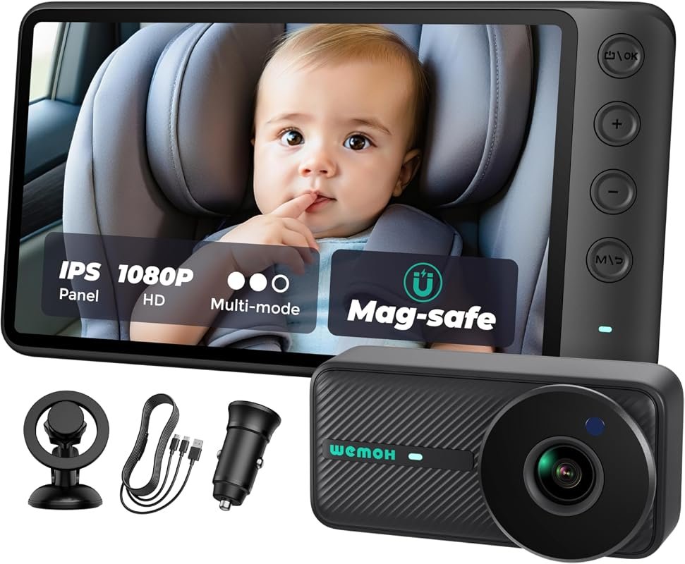Magnetic baby car camera with 5‑inch 1080P IPS monitor, magnetic mount