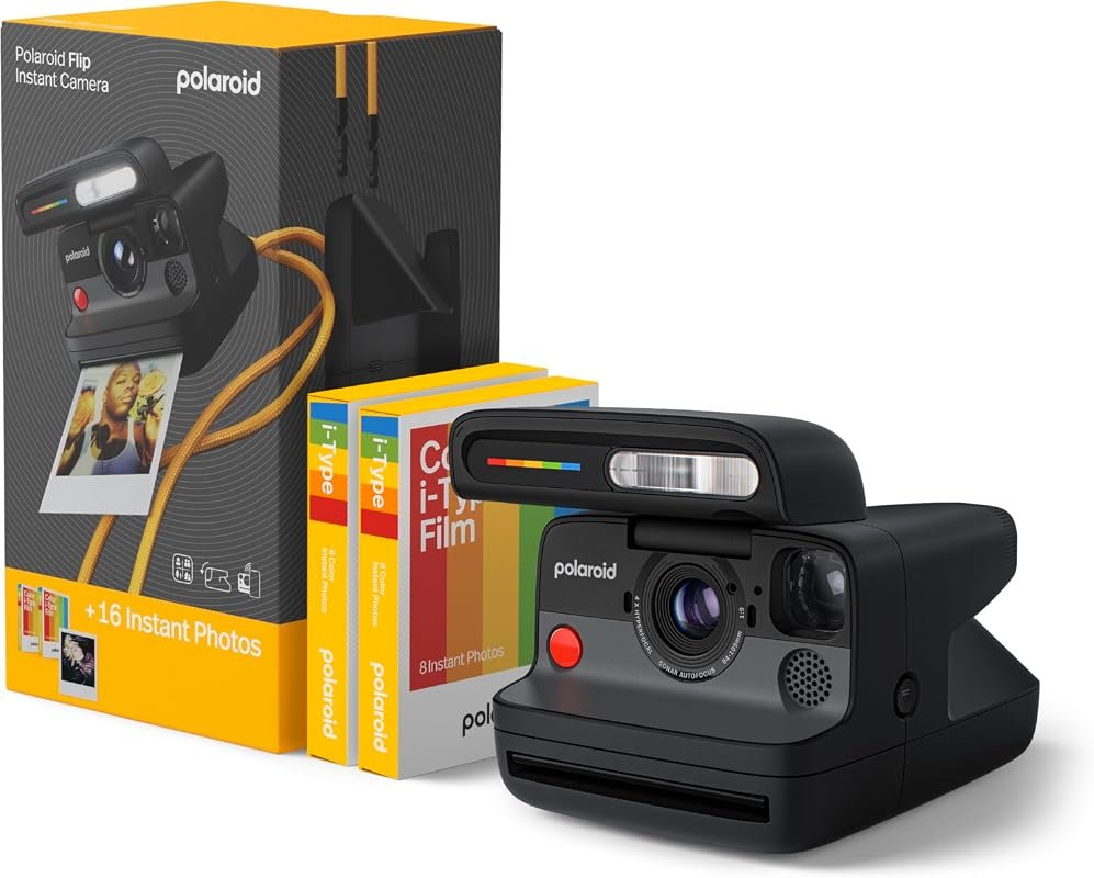 Polaroid Flip Instant Camera Black with 16‑Photo Color Film, 4‑Lens Hy