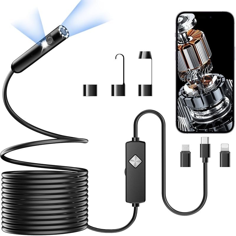 1920P HD Endoscope with 8 adjustable LEDs, semi‑rigid snake camera, IP