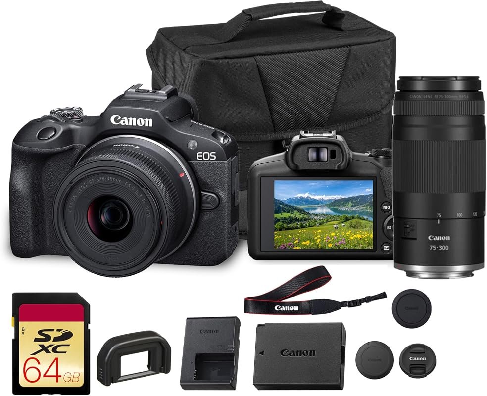 Canon EOS R100 mirrorless camera bundled with 18‑45mm and 75‑300mm len