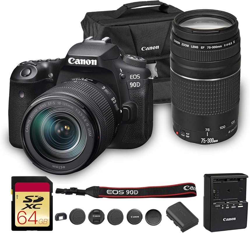 Canon EOS 90D DSLR with 18‑135mm lens, 32.5MP sensor, Pixel AF, 4K vid