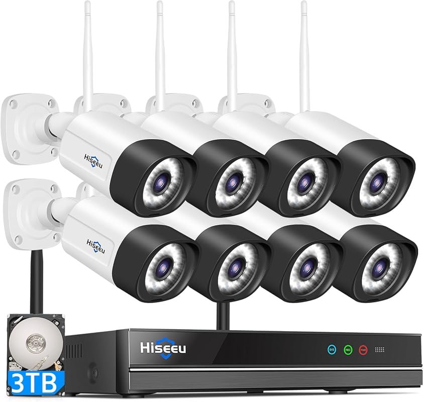 Hiseeu 5MP Outdoor WiFi Security Camera System, 10CH 8-Camera Kit, 3TB