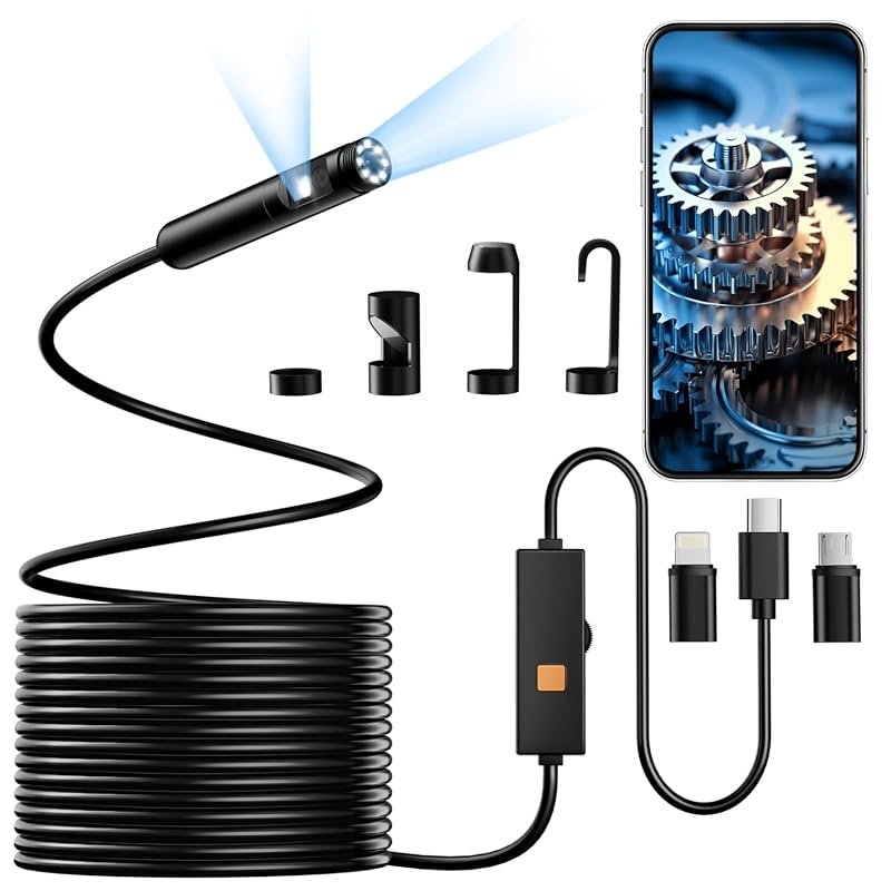 Dual‑Lens 1920P Borescope with 8+1 Adjustable LEDs, 16.4‑ft Semi‑Rigid