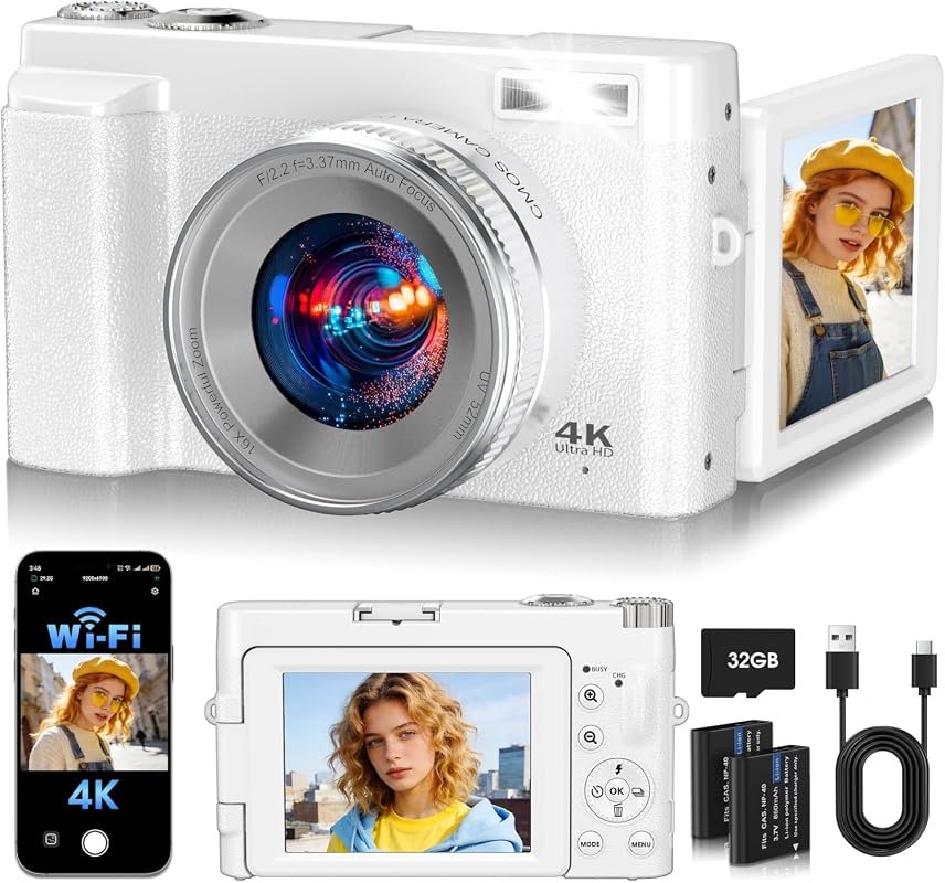 2026 Upgraded 64MP Digital Camera with 4K WiFi, 180° Flip Screen, Auto