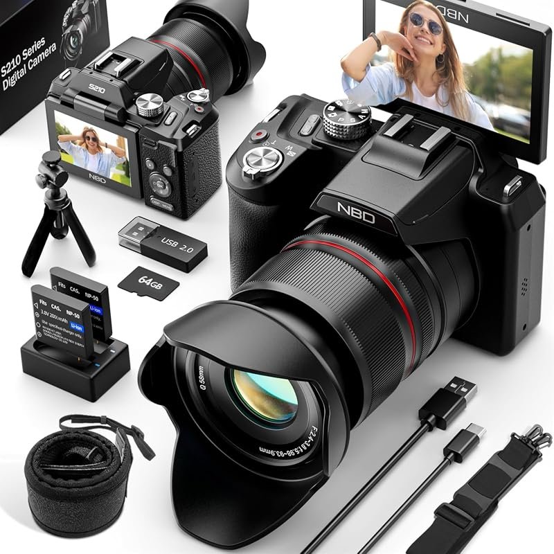NBD 8K Camera – 64MP Sensor, 16× Zoom, 180° Flip Screen, 8K Video, 2 B