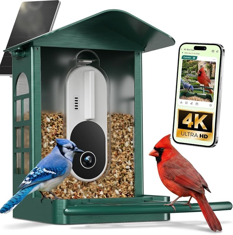 Solar‑Powered 4K UHD Bird Feeder with AI Species ID, Dual‑Band Wi‑Fi, 