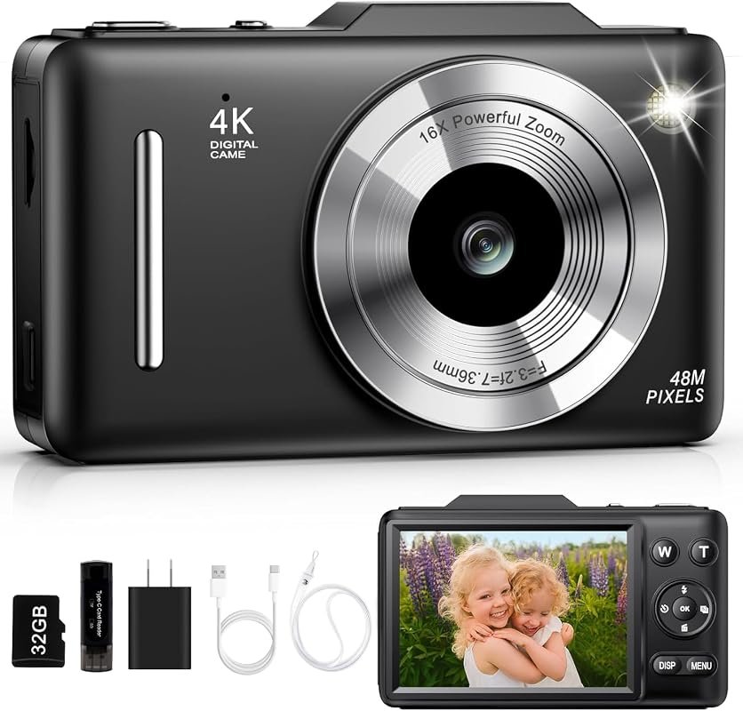 4K 48MP Autofocus Vlogging Camera with 16x Zoom, Anti‑Shake, 32GB Card