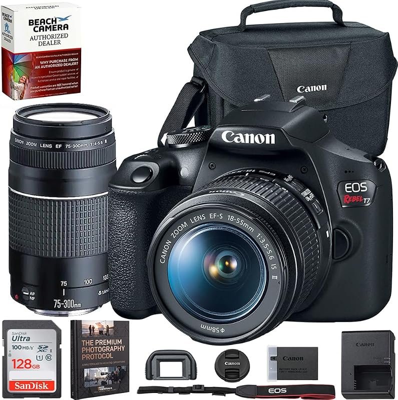 Canon EOS Rebel T7 DSLR includes EF 18‑55mm and 75‑300mm lenses, 128GB