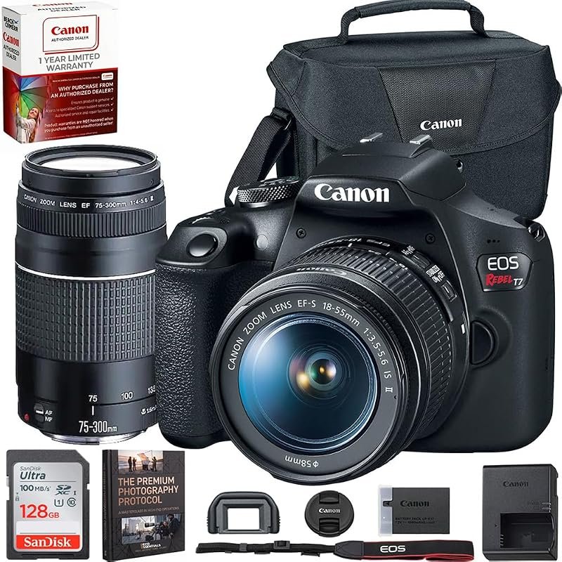 Canon EOS Rebel T7 DSLR with EF 18‑55mm & 75‑300mm Zoom Kit, 128GB San