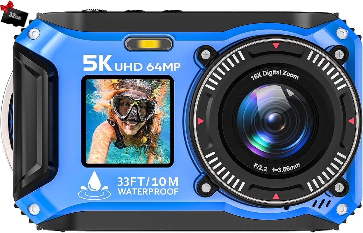 5K 64MP Underwater Camera with 33‑Foot Waterproof Rating, Dual‑Screen 