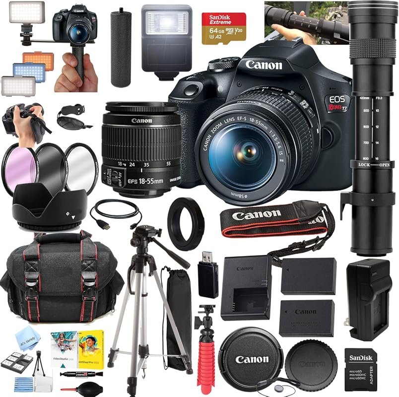 Canon EOS Rebel T7 DSLR with 18‑55mm and 420‑800mm lenses, sensor, 64G