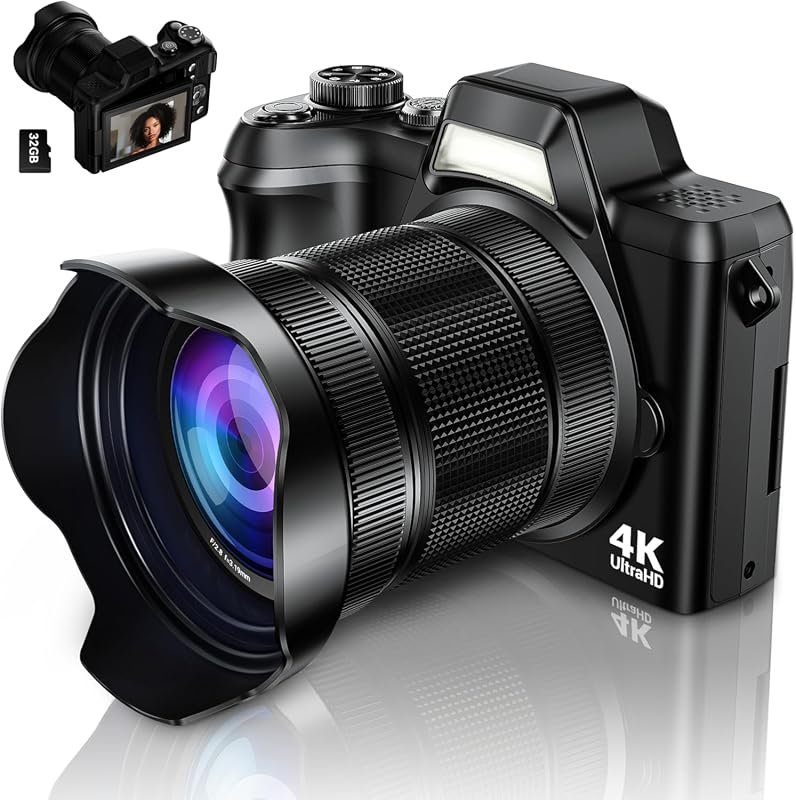 4K 56MP Vlogging Camera – 16× Zoom, 3″ 180° Flip Screen, 32GB SD Card,