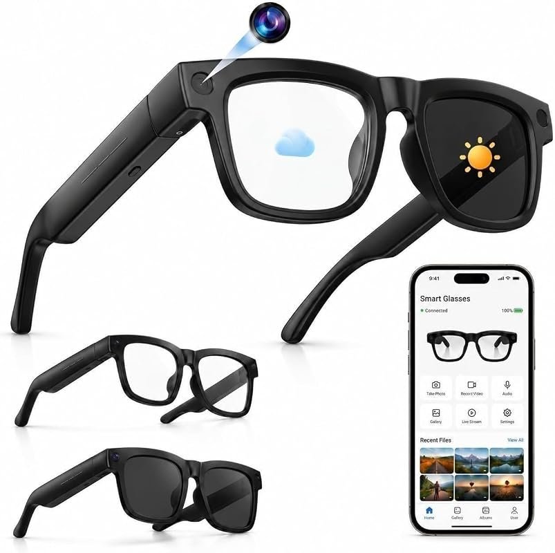 AI Smart Glasses with Built‑In Camera, Triple Interchangeable Lenses, 