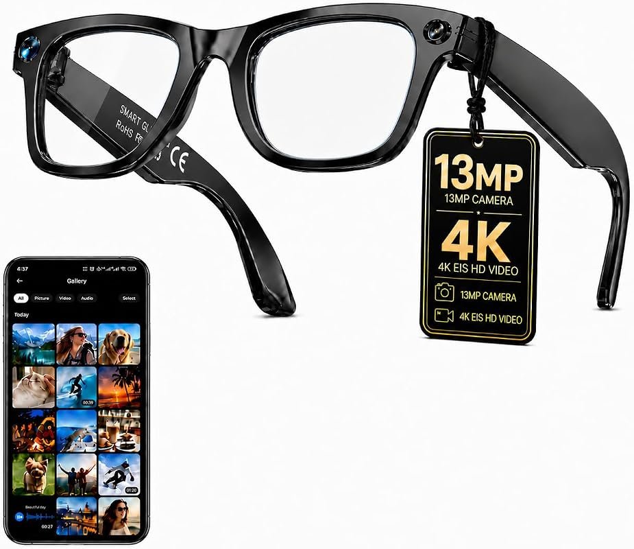 AI Smart Glasses with 13MP HD Camera, 4K Image Stabilization, Transpar