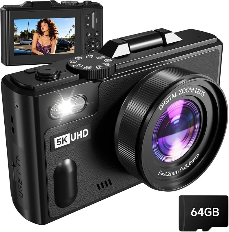 80MP 5K camera featuring 3″ 180° flip screen, 18x zoom, anti‑shake, 64