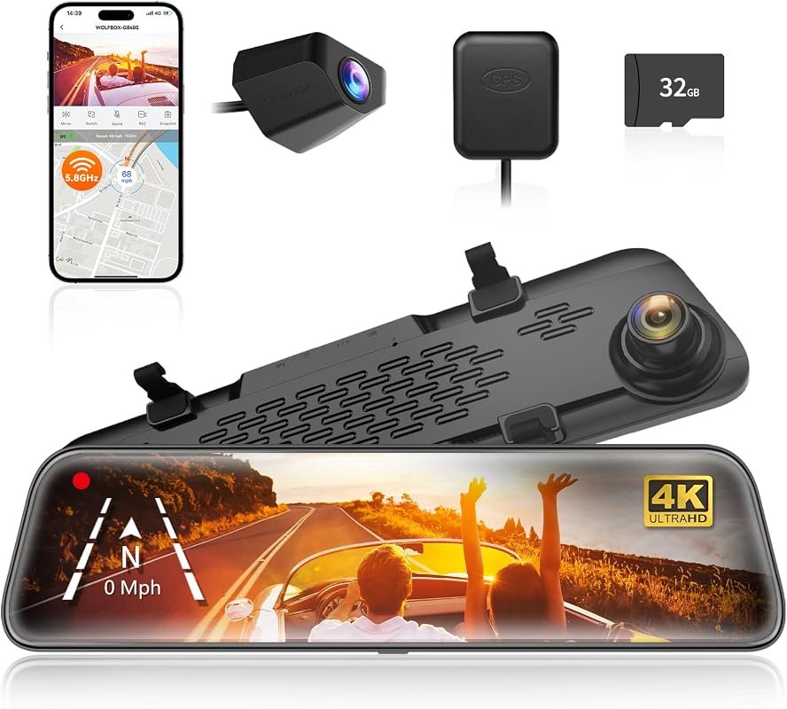 WOLFBOX G840S 12″ 4K Mirror Dash Cam with Built‑In Backup Camera, GPS 