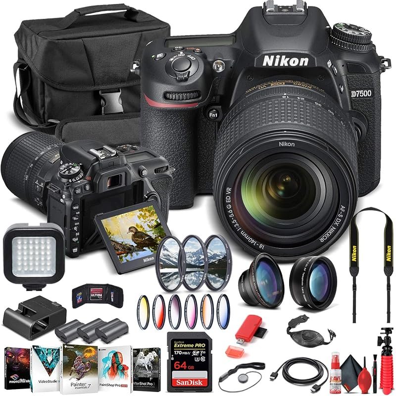 Nikon D7500 DSLR with 18‑140mm versatile zoom lens, bundled photo edit