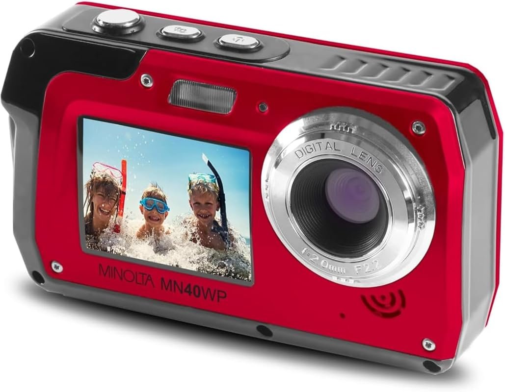 Minolta MN40WP 48MP QHD Waterproof Camera with Dual LCD Screens, Red F