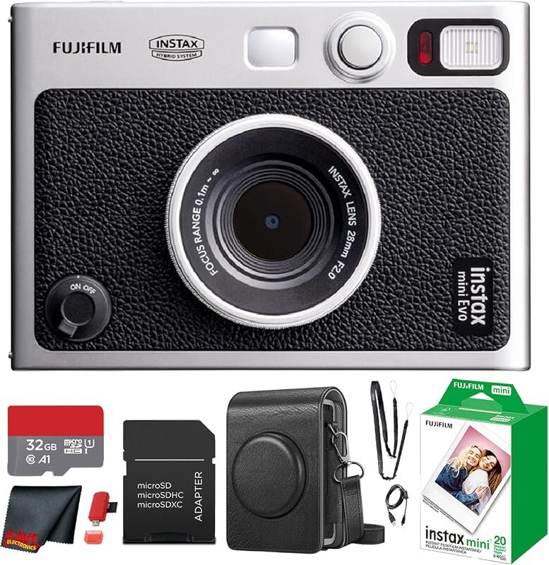 FUJIFILM INSTAX Mini EVO Hybrid Instant Camera in Black, Includes 20 S