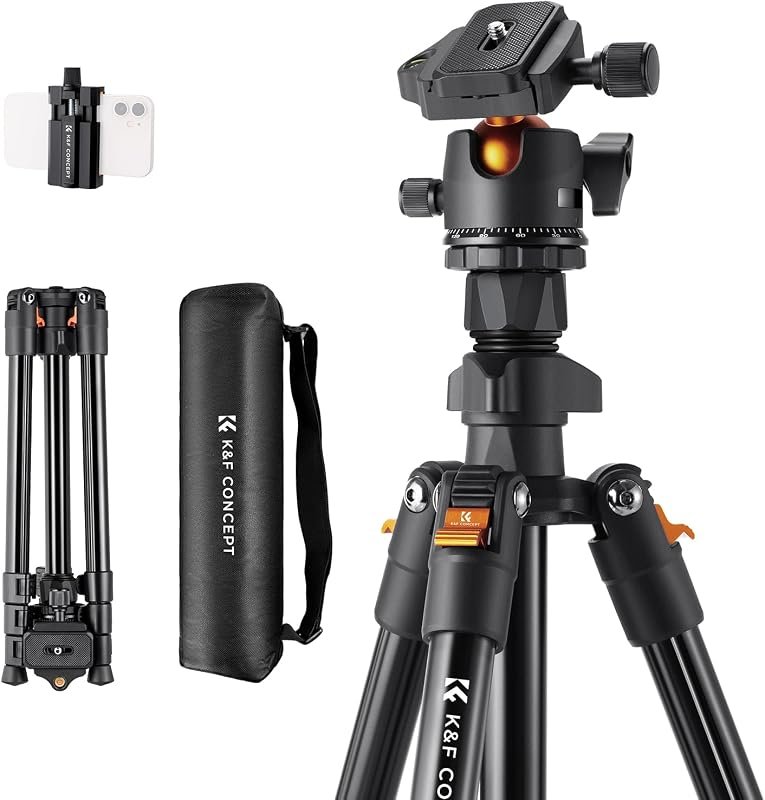 K&F Concept 64‑Inch Aluminum Travel Camera Tripod – 5‑Section Design, 