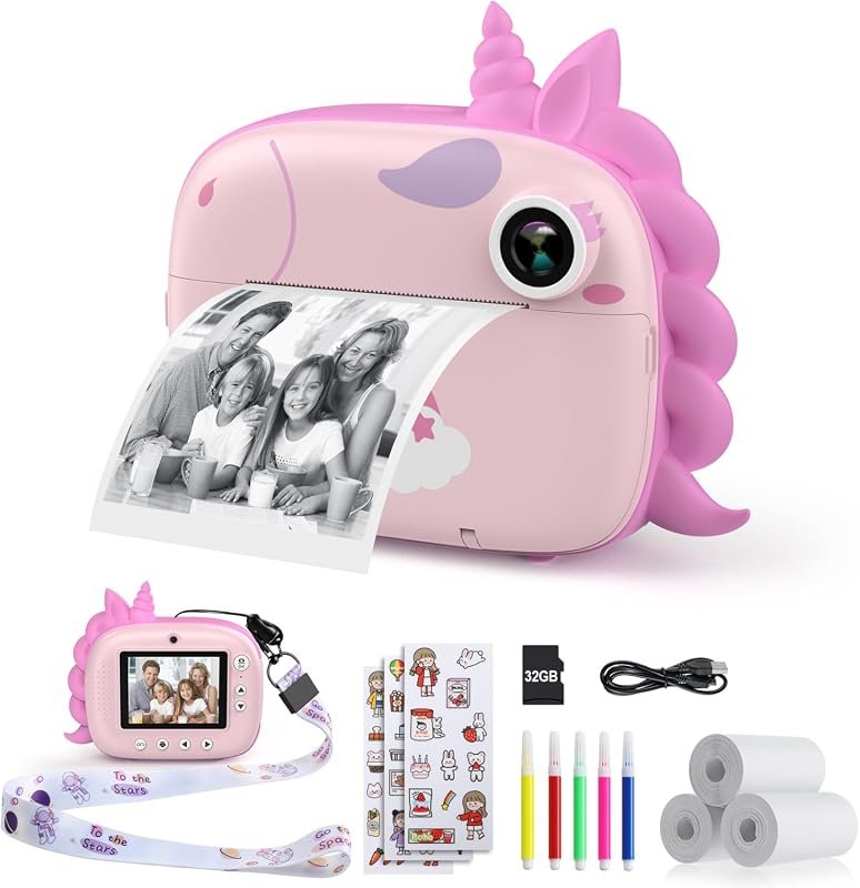 HiMont Kids Print Camera featuring selfie mode, 2.5K video, 32 GB card