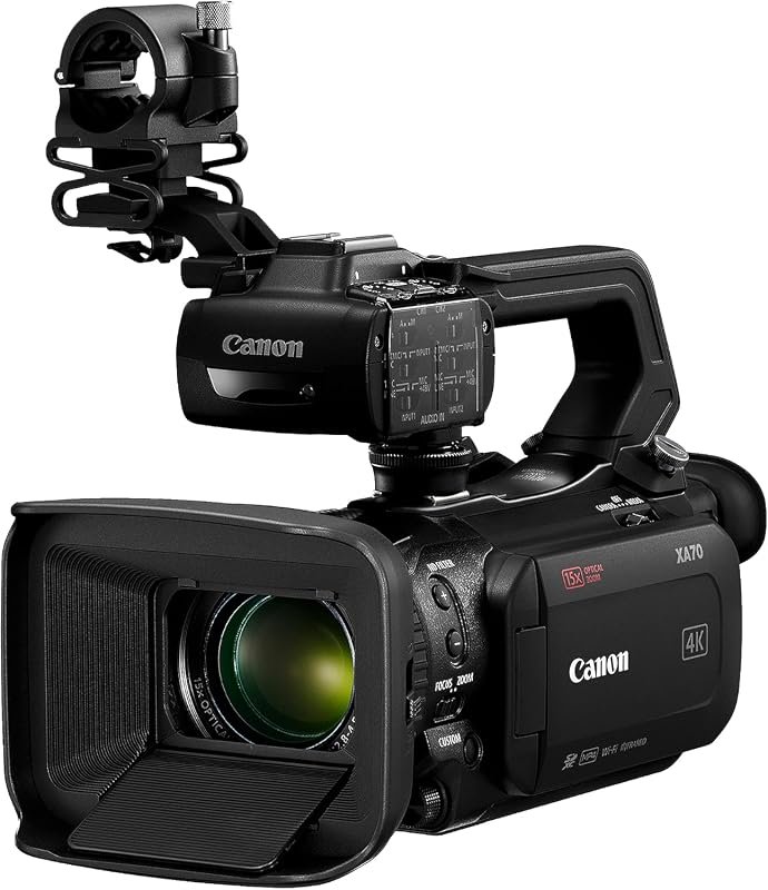 Canon XA70 camcorder delivering 4K UHD video with 15× optical zoom, 5‑