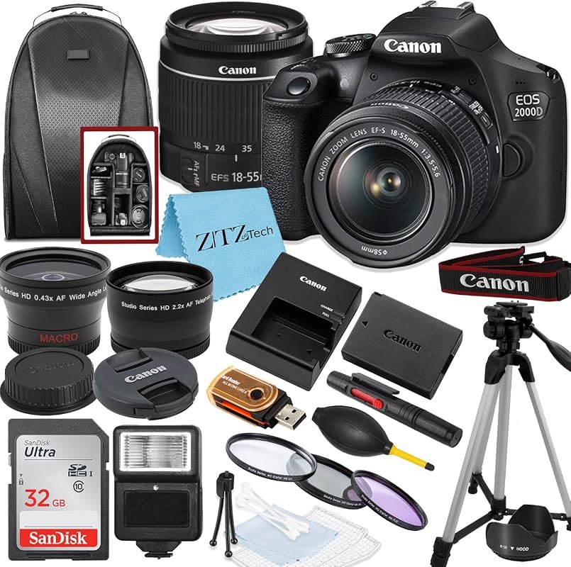 Canon EOS 2000D (Rebel T7) DSLR with 18‑55mm lens, 32GB SanDisk card, 