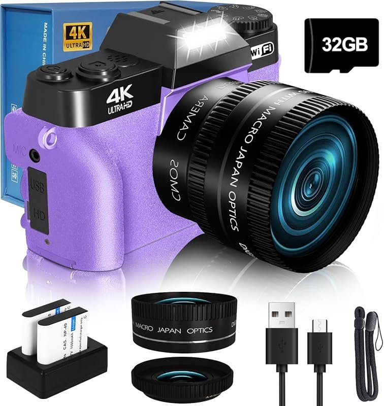 VJIANGER 2026 Camera – WiFi, 180° Flip Screen, 16× Zoom, 52mm Lens, 2 
