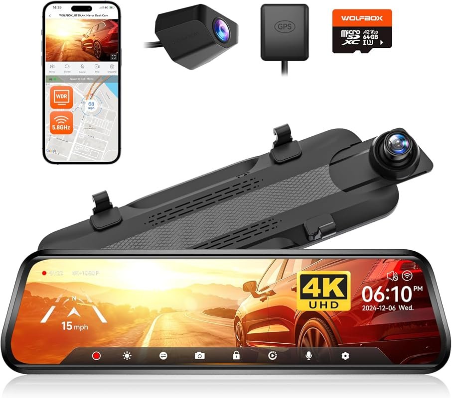 WOLFBOX G930 10‑inch 4K rear‑view mirror camera with 64 GB microSD, 5.