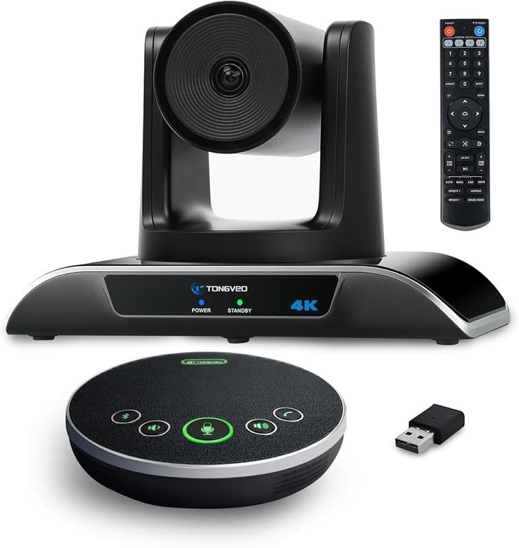 TONGVEO 4K conference camera with gesture control, AI auto‑tracking PTZ, 5× zoom, 120° wide‑angle, USB‑3.0 and speakerphone.
