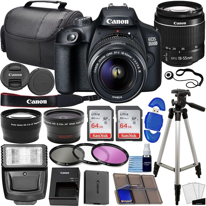 Canon EOS 2000D (Rebel T7) DSLR with EF‑S 18‑55mm f/3.5‑5.6 Lens, 128 