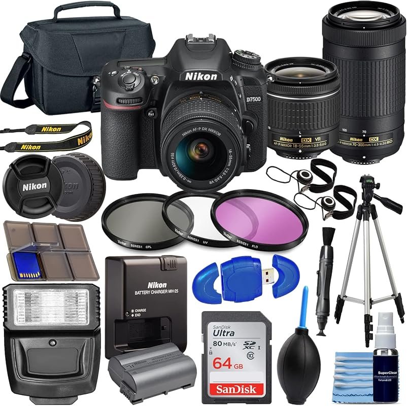 Nikon D7500 DSLR with 20.9MP, 18‑55mm VR and 70‑300mm lenses, 64GB car