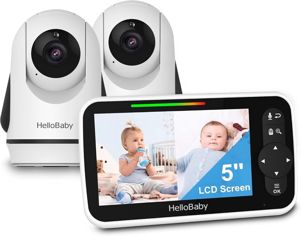 HelloBaby Dual‑Camera Baby Monitor, 5‑inch Split‑Screen, Audio, No Wi‑