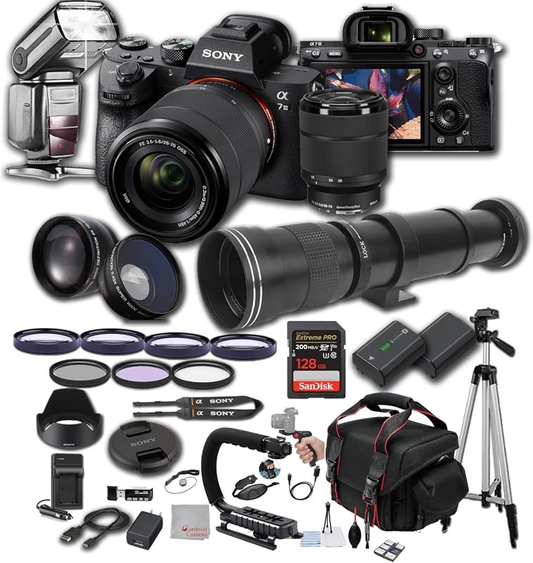 Sony a7 III Bundle featuring 28‑70mm and 420‑800mm lenses, 128GB memory, TTL flash, filters, case, and tripod