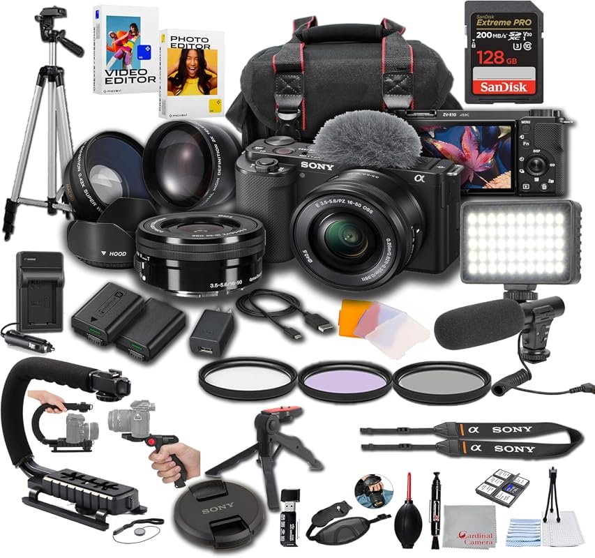 Sony ZV‑E10 Video Bundle with 16‑50mm lens, LED light, microphone, 128
