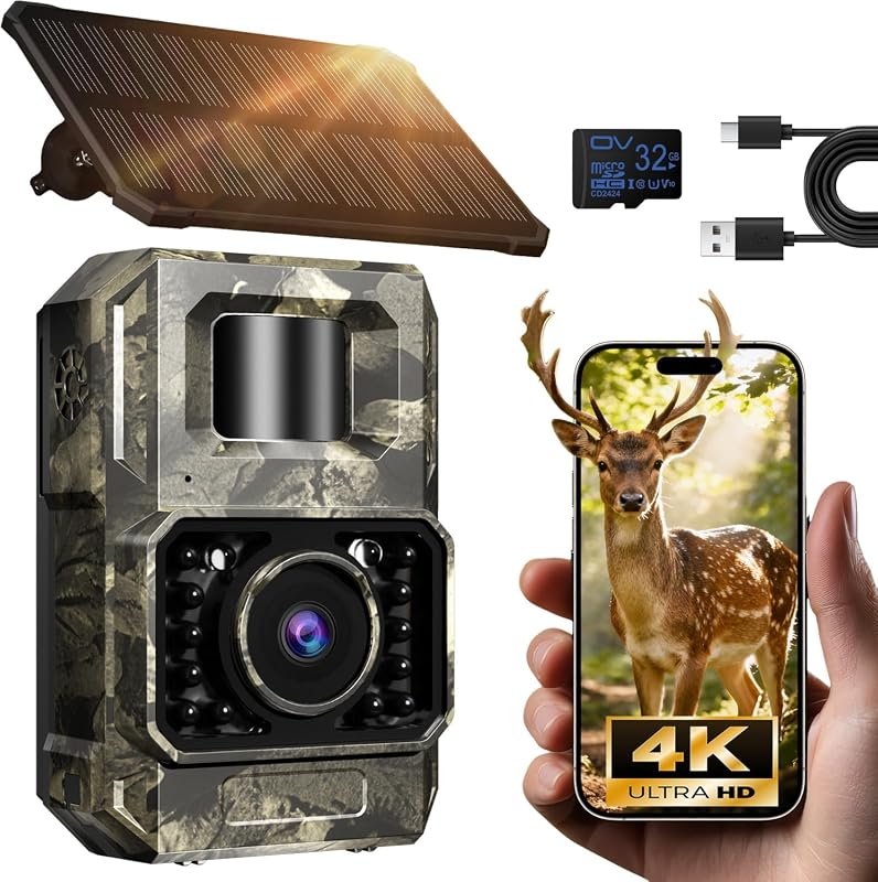 MAXDONE Solar Wi‑Fi Trail Camera with 4K 64MP, Bluetooth Connectivity,