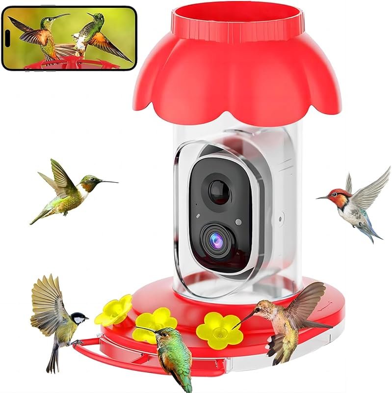 Wireless Smart Hummingbird Feeder with Built‑In Non‑Removable Battery, AI Camera for Outdoor Video Watching