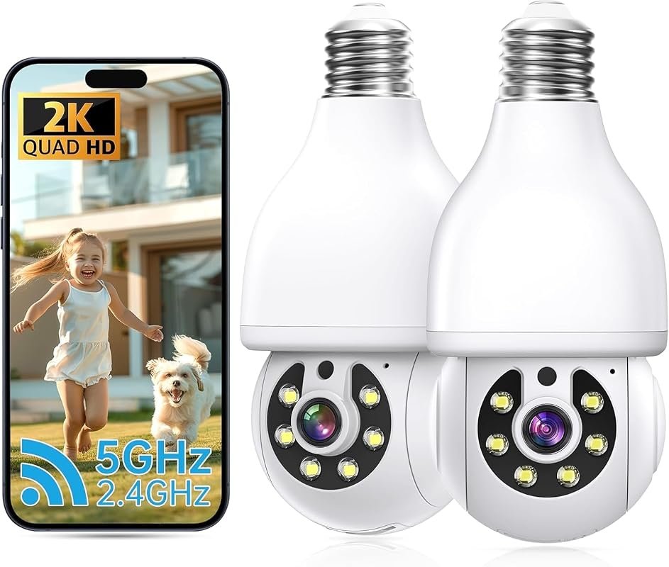 2K Light Bulb Security Camera, 5G/2.4G Wi‑Fi, Motion Alarm, Two‑Way Ta