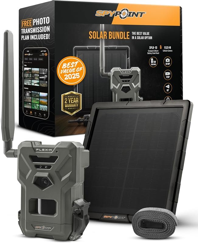 SPYPOINT Flex‑M Solar Bundle trail camera with solar panel, GPS, night