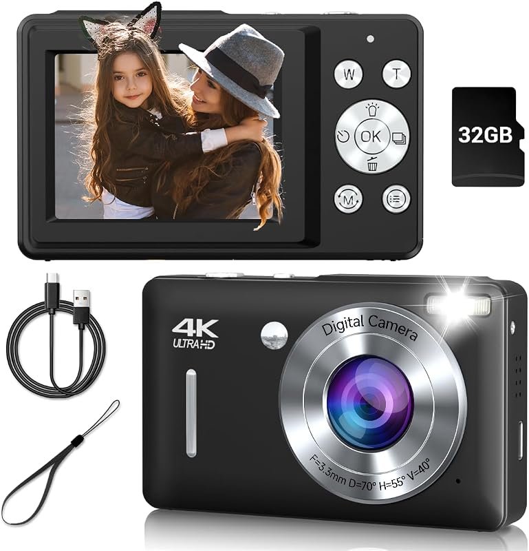 44MP Digital Camera with FHD 1080P Video, 16X Zoom, Face Detect, Smile