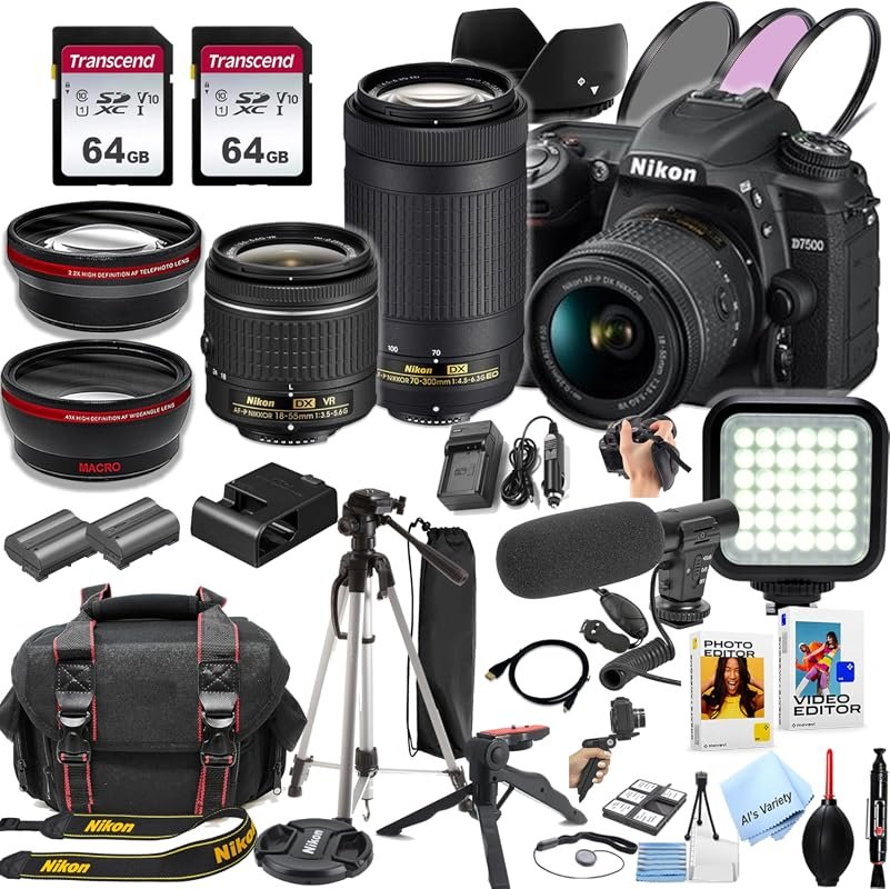 Renewed Nikon D7500 DSLR kit with 18‑55mm VR & 70‑300mm lenses, 128GB 