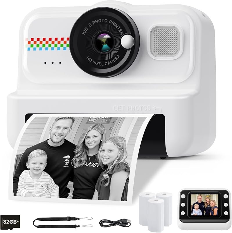 HiMont Kids Instant Print Camera – 1080P Video, 3 Rolls Paper, 32GB Ca