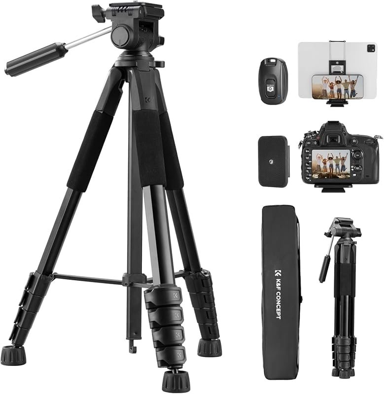K&F CONCEPT 75‑inch lightweight aluminum camera tripod, compact travel