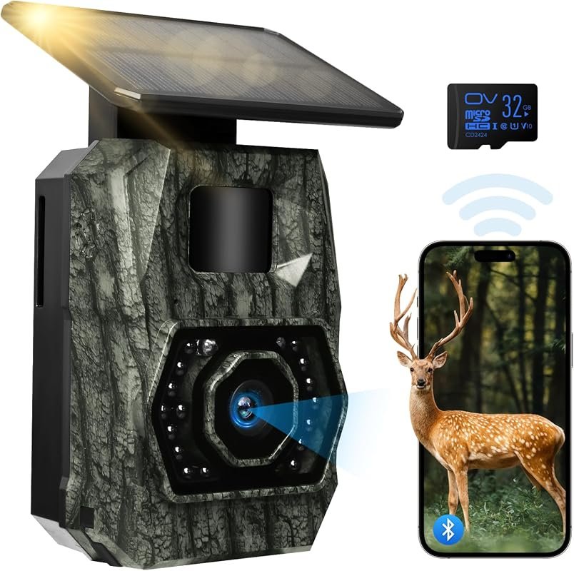 MAXDONE Solar Trail Camera featuring Wi‑Fi and Bluetooth, 4K 64MP Night Vision, Solar Battery for Game Capture